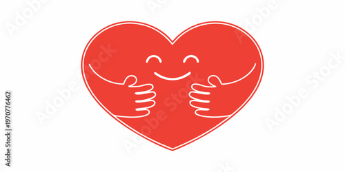A red heart character embraces itself with cheerful thumbs up hands