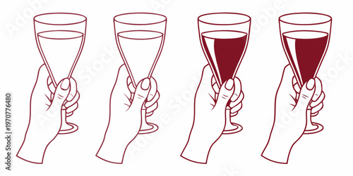 Four hands raise champagne flutes showcasing varying fill levels