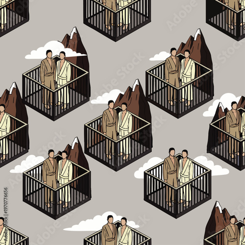 Seamless pattern: two robed figures in isometric open cage structures against mountains and clouds. Vector illustration of contemplation, confinement, or unique retreat.
