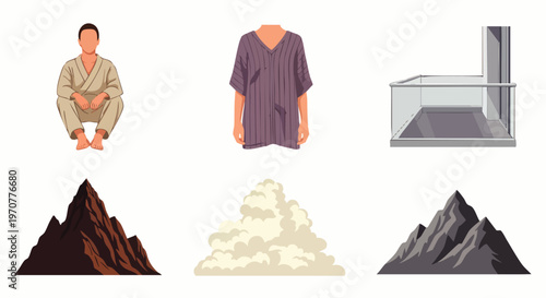 Diverse vector illustration collection featuring a martial arts practitioner, casual purple tunic, modern glass balcony, and various mountain landscapes.