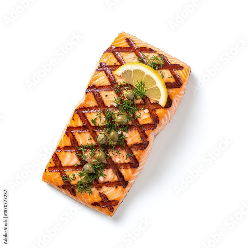 Grilled Salmon with Lemon and Capers isolated on white background