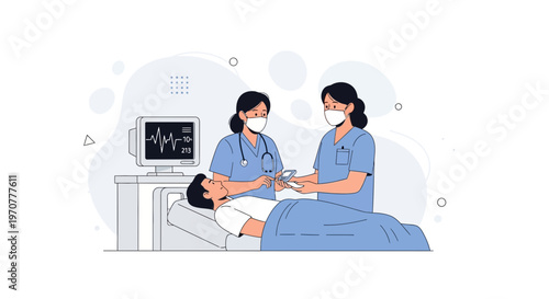 Nurses caring for patient in hospital bed with vital signs monitor