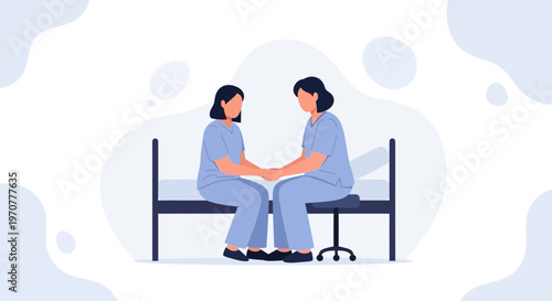 Nurse comforting patient in hospital bed, holding hands, empathy and care