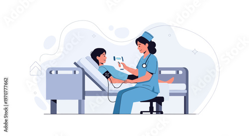 Nurse checks patient's blood pressure in hospital room, medical technology concept