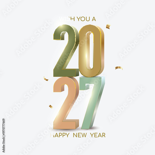 3D golden and green metallic numbers 2027 with subtle confetti and white background year happy celebration