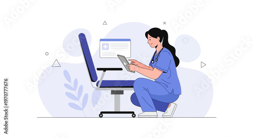 Nurse Using Tablet Beside Medical Chair, Digital Health Concept