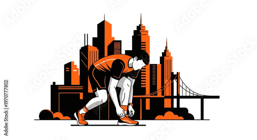 Runner Prepares to Compete Against the Cityscape as a Symbol of Endurance and Tenacity