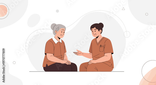 Nurse comforting elderly woman, healthcare, support, conversation, home care, senior health