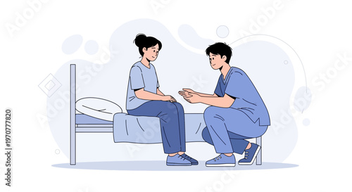 Doctor comforting patient in hospital bed, healthcare consultation, empathy, care
