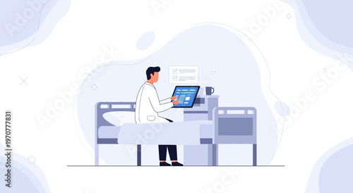 Doctor using tablet in hospital room with patient bed and medical chart