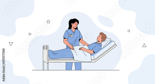 Nurse Caring for Patient in Hospital Bed, Medical Care Illustration