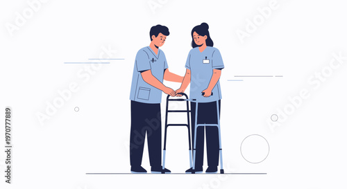 Physical therapist assisting patient with walker, rehabilitation concept