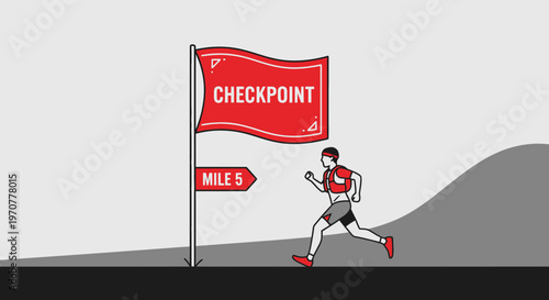 Runner Reaching Checkpoint Flag In Endurance Race And Mile Marker With Grey Gradient Background