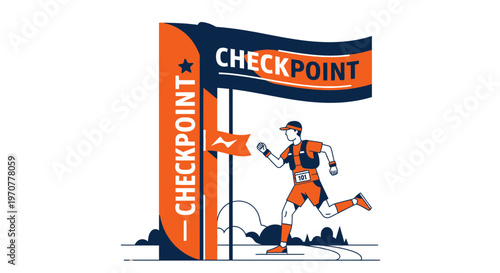 Runner Reaching Checkpoint Flag On Trail During Marathon Event Illustration
