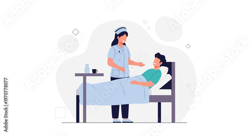 Nurse Caring for Patient in Hospital Bed, Medical Care Illustration