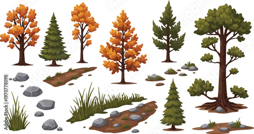 Autumn forest vector elements, set of 18 nature assets with orange fall trees and green pines, realistic landscape icons for outdoor game design