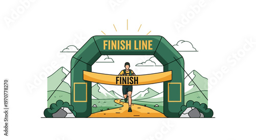 Runner Reaching The Finish Line In A Scenic Marathon, Victory Awaits, Illustration