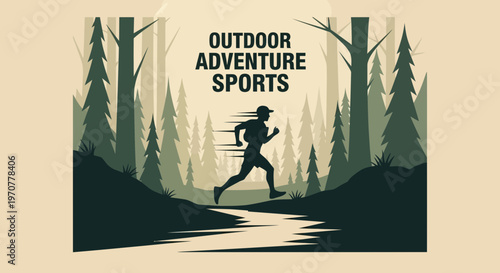 Runner Sprinting Through Forest: Silhouette Graphic Depicting Outdoor Adventure and Sports