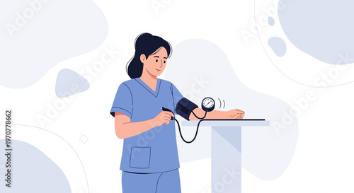 Nurse measuring blood pressure, medical checkup, healthcare concept, illustration