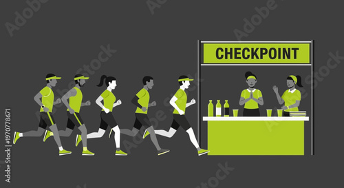 Runners Approaching Checkpoint During Marathon With Refreshment Station Ahead