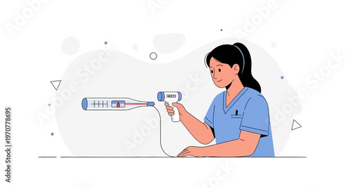 Nurse checks thermometer reading with infrared scanner, medical illustration