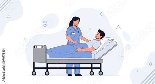 Nurse caring for patient in hospital bed, medical illustration