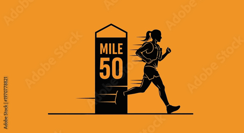Silhouette Of A Runner Approaching The Mile 50 Marker On An Orange Backdrop