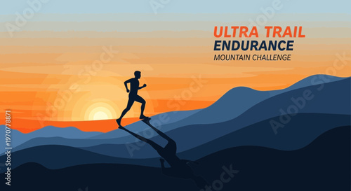Silhouette Of A Runner Ascending A Mountain During Sunrise In An Endurance Trail Race