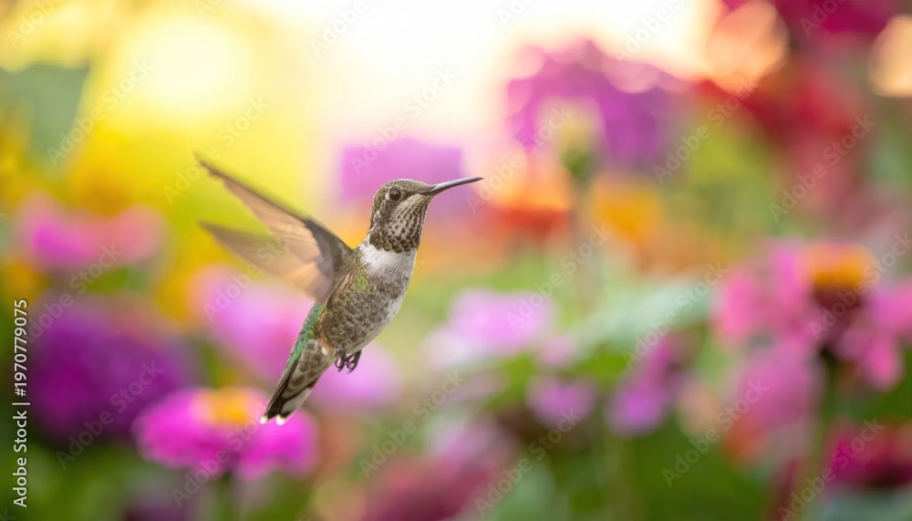 Naklejka premium Hummingbird in Flight Amidst Vibrant Blooming Flowers in Sunlight.