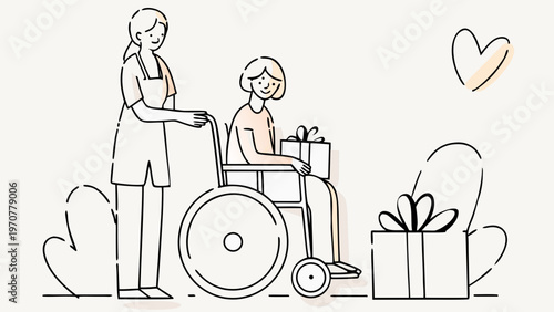 Healthcare worker assisting disabled person in wheelchair with gifts symbolizing care and kindness in a heartwarming scene