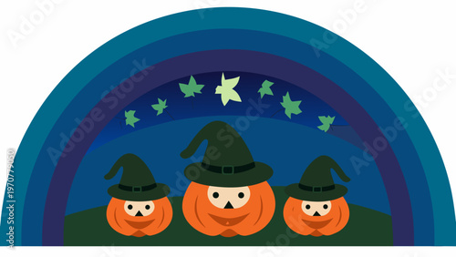 Three orange pumpkins wearing green witch hats standing under a blue rainbow with green stars at night