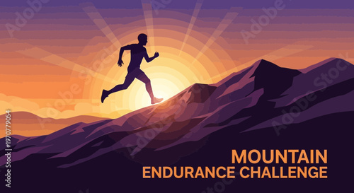 Silhouette Of A Runner Ascending Mountain With Sunburst Background And Endurance Text