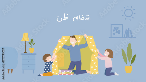 Father and kids building a cardboard fort at home together happy family bonding and playtime with diy construction