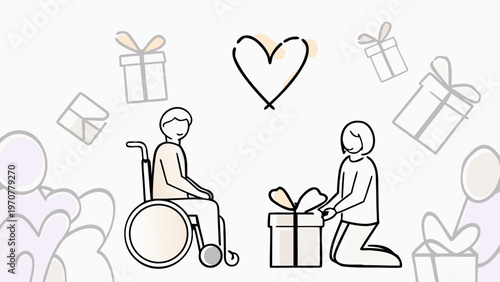 Vector illustration symbolizing accessibility and inclusion with a person in a wheelchair receiving a gift