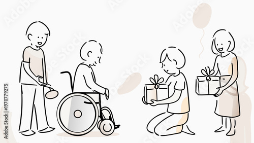 Diverse disabled people exchanging gifts with friends promoting inclusion and kindness in a minimalist flat illustration