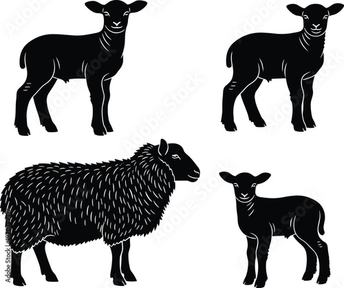 sheep and lamb silhouette set, farm livestock animals, black animal icons, rural agriculture illustration, domestic sheep collection, farming concept vector, wool animal design