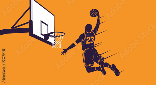 Silhouette Of A Basketball Player Dunking Ball And Scoring Point In The Court Action