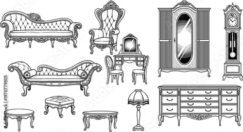 Vintage furniture collection vector illustration, classic antique sofa chair wardrobe dresser lamp set, ornate interior design elements, elegant retro flat style