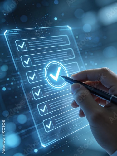 Business professional using digital checklist interface with checkmark icons, representing task completion, quality control, workflow management, and process verification