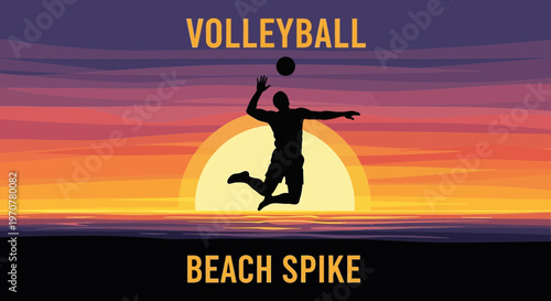 Silhouette Of A Volleyball Player Spiking The Ball During a Sunset Over The Ocean View