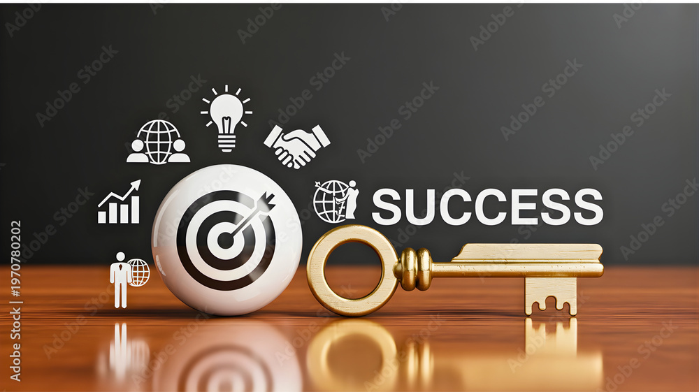 Fototapeta premium Key to success concept with business icons and target on dark background