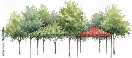 Watercolor garden gazebos with green and red canopies, outdoor park event tents under lush summer trees, architectural landscape vector illustration