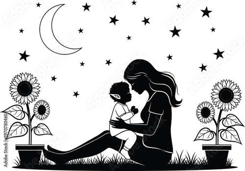 Woman holding child silhouette, fantasy elf character, sunflower plants crescent moon stars, emotional bond artwork, flat vector illustration black design