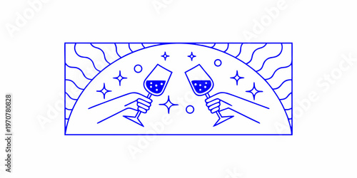 A minimalist illustration of two hands toasting with wine glasses
