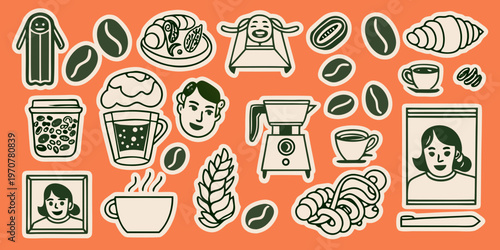 Stylized illustration of coffee pastries and happy people in green