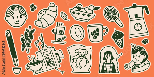 Stylized illustration of breakfast items faces and coffee related objects