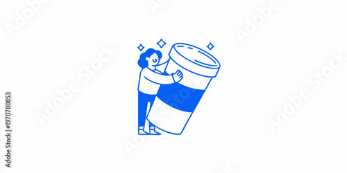 Person embracing a large blue cylindrical container with sparkling effects