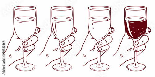 Four champagne glasses held by hands in a sequential filling process