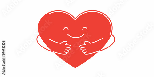 A red heart character with a smiling face embraces itself with arms