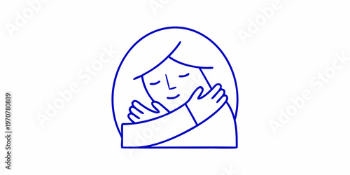 Simple blue line drawing of a person embracing themselves peacefully